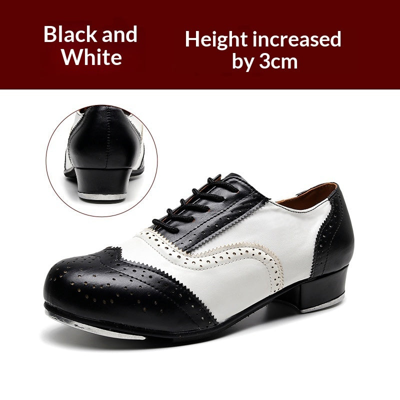 Men's Tap Dance Shoes - Black & White Cowhide Leather Lace-Up Oxford Style