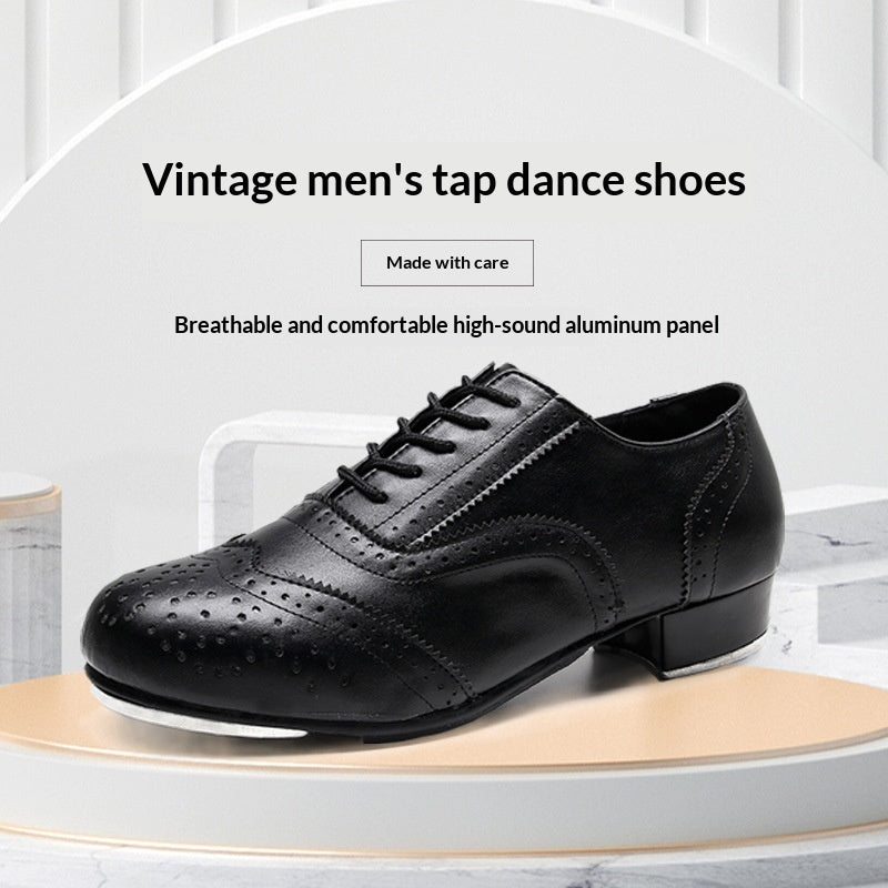 Men's Tap Dance Shoes - Black & White Cowhide Leather Lace-Up Oxford Style