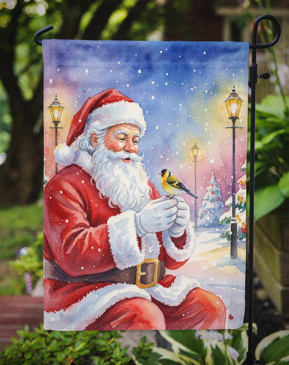 Goldfinch with Santa Claus Garden Flag