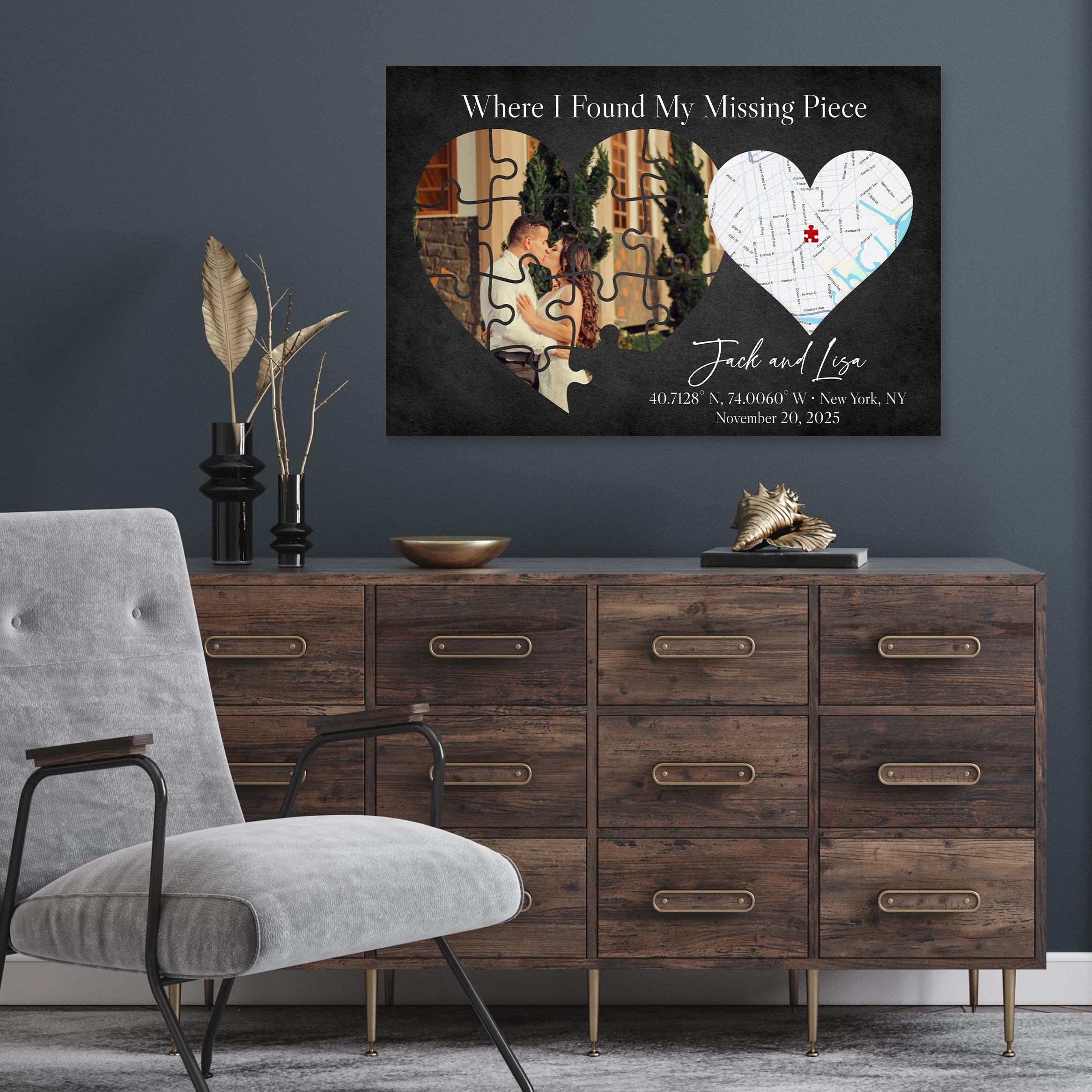 Where I Found My Missing Piece – Personalized Map Puzzle Heart Canvas