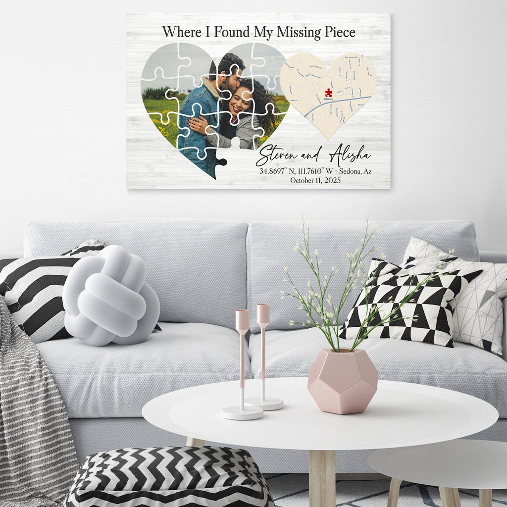 Where I Found My Missing Piece – Personalized Map Puzzle Heart Canvas