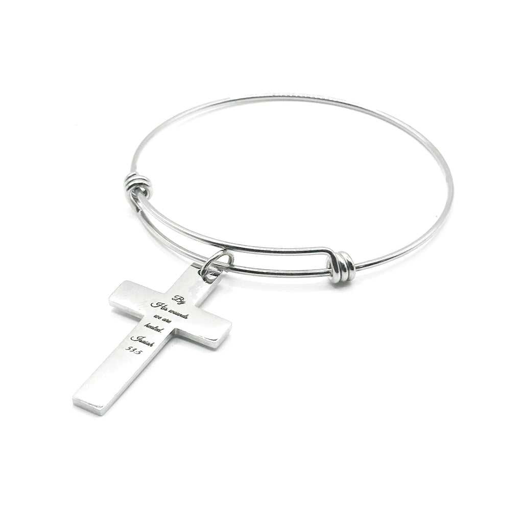 By His Wounds We Are Healed Isaiah 53 5 Cross Bracelet Christian Scripture Faith Jewelry Stainless Steel Bangle