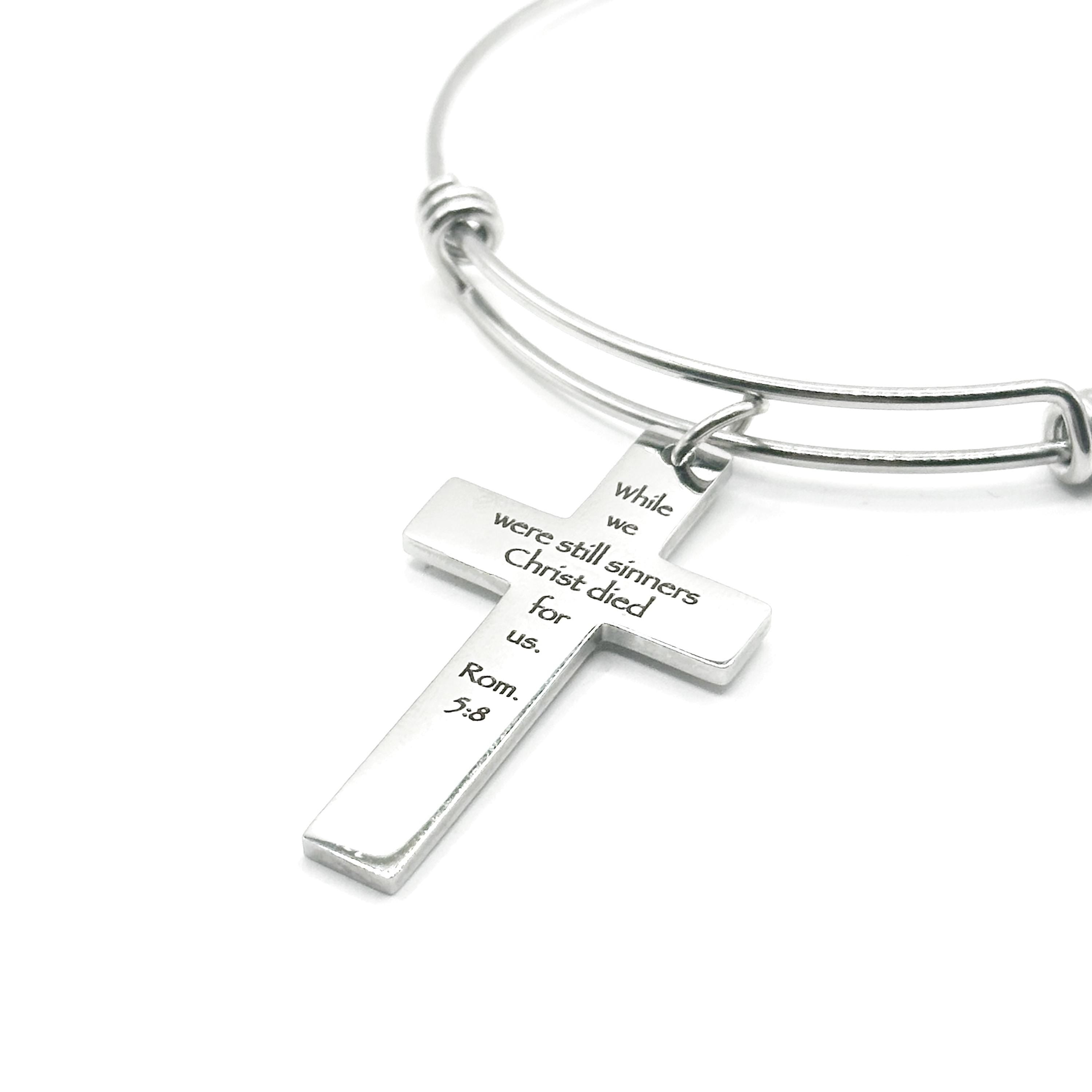 Christ Died For Us Romans 5 8 Charm Bracelet Stainless Steel Expanding Bangle Scripture Bracelet Christian Gift Faith Jewelry