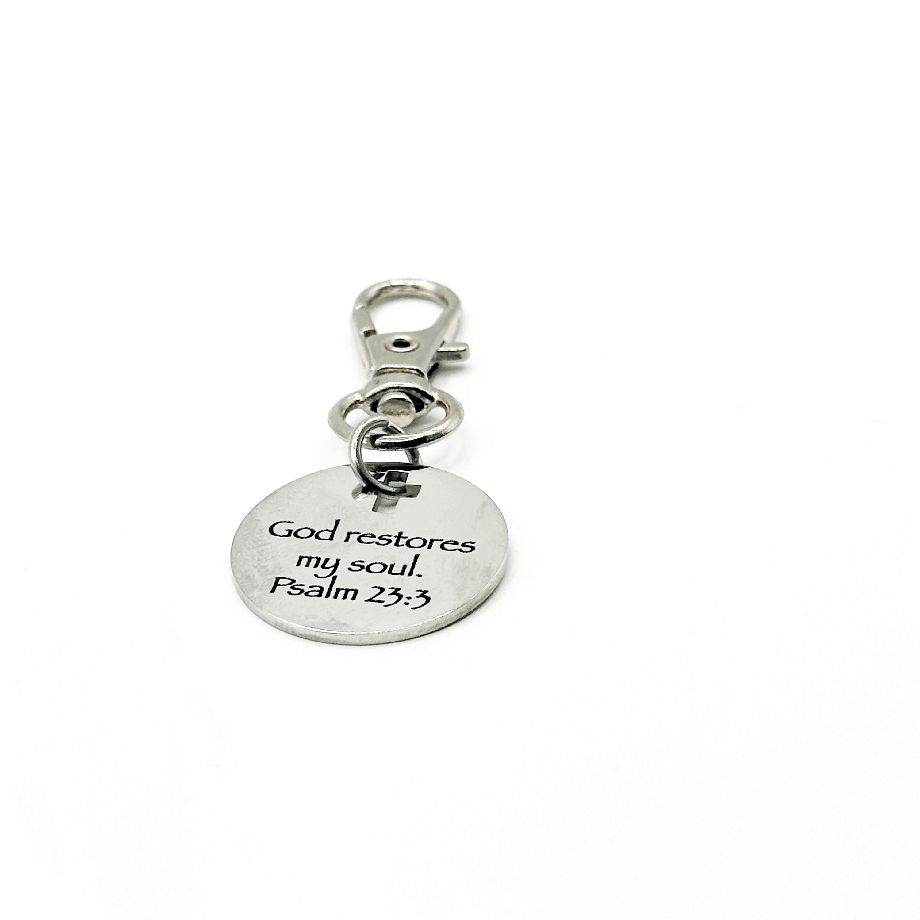 God Restores My Soul Psalm 23 3 Clip On Charm Stainless Steel Faith Charm Lobster Clasp Purse Charm Zipper Pull Bible Verse Gift