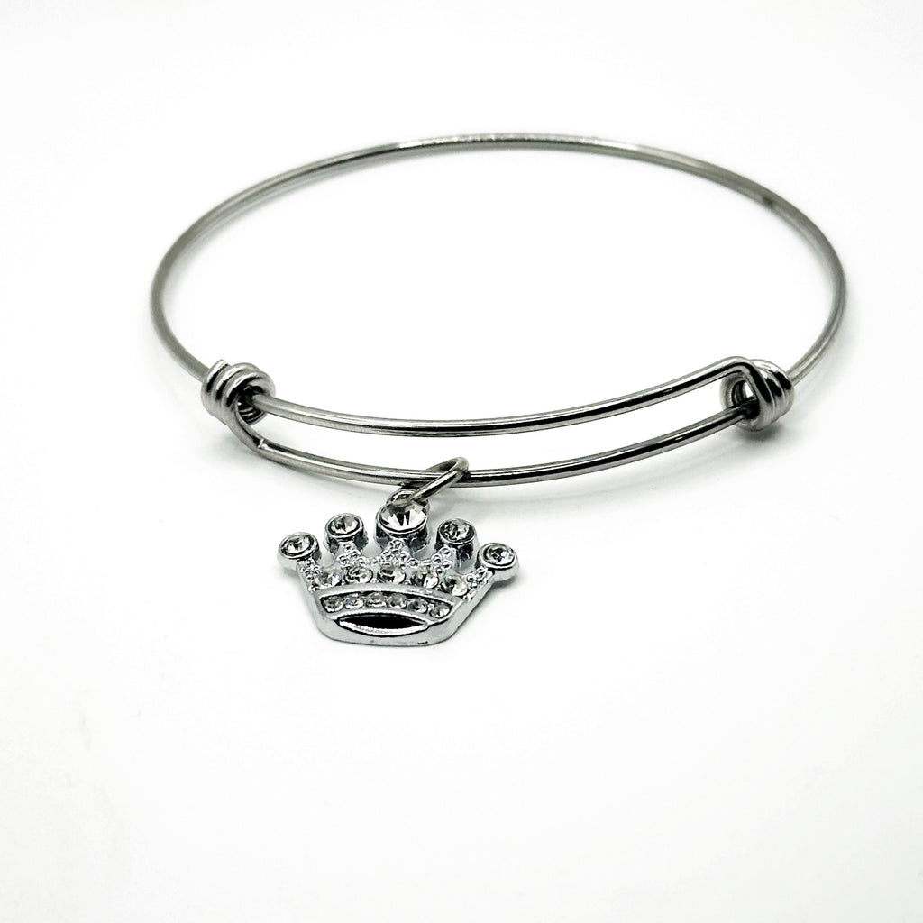 Rhinestone Crown Charm Bracelet Stainless Steel Expanding Bangle Princess Gift