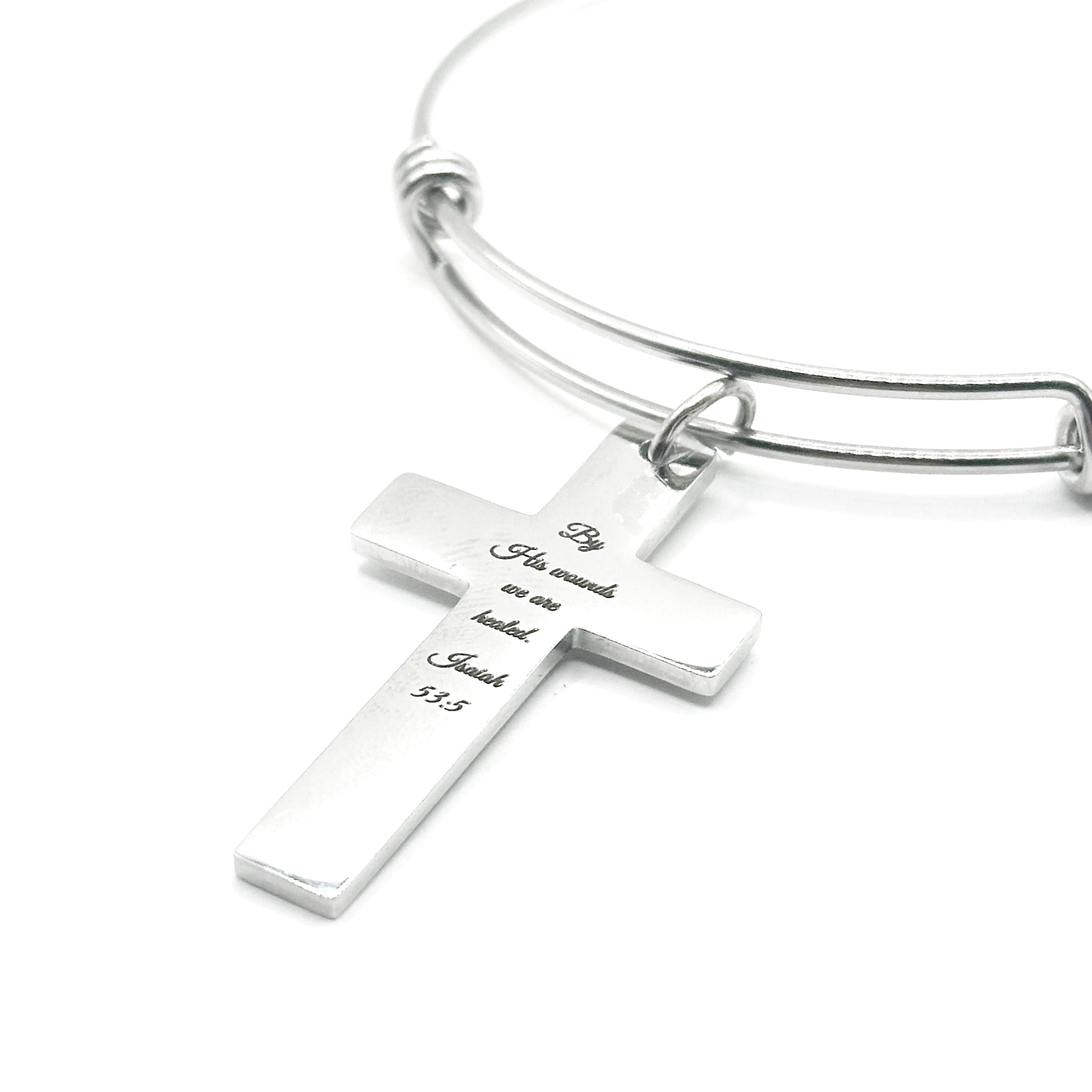 By His Wounds We Are Healed Isaiah 53 5 Cross Bracelet Christian Scripture Faith Jewelry Stainless Steel Bangle