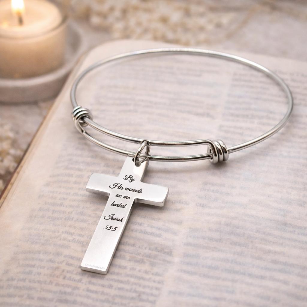 By His Wounds We Are Healed Isaiah 53 5 Cross Bracelet Christian Scripture Faith Jewelry Stainless Steel Bangle