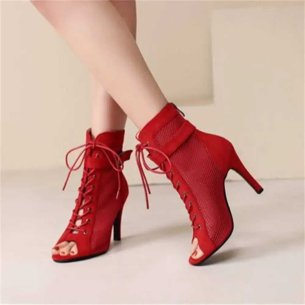 Stylish Peep Toe Hollow Mesh Lace-up Dance Heels